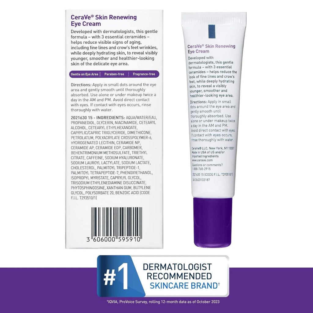 CeraVe Skin Renewing Eye Cream, Daily Care Under Eye Cream with Peptides Caffeine Niacinamide, Paraben-Free , 15ml